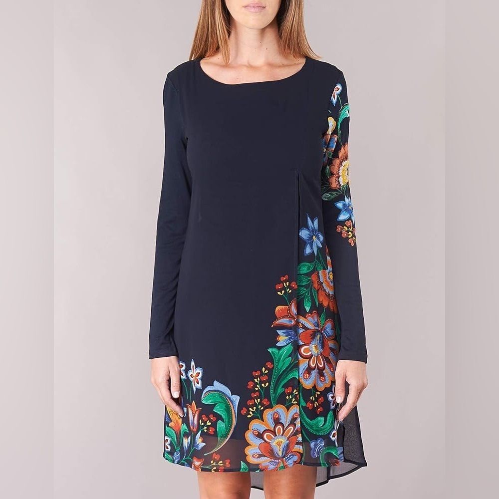 Desigual Siena Navy Long Sleeved Shift Dress Florals Knee Length Sz L